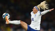 England's Chloe Kelly controls the ball.