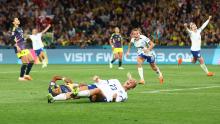 Alessia Russo, bottom, celebrates after scoring England's second goal in the <a href="https://www.cnn.com/2023/08/12/football/england-colombia-womens-world-cup-2023-spt-intl/index.html" target="_blank">2-1 over Colombia</a> in the quarterfinals of the Women's World Cup.