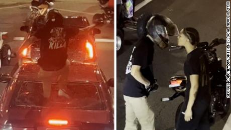 While stopped at a traffic light in Philadelphia on October 1, a motorcycle rider climbed on top of a car and jumped on the windshield until it shattered.