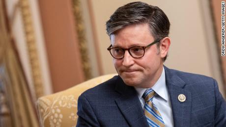 WASHINGTON, DC - OCTOBER 26: U.S. Speaker of the House Mike Johnson (R-LA) listens during a meeting with Australian Prime Minister Anthony Albanese at the U.S. Capitol October 26, 2023 in Washington, DC. Albanese visited the White House on Wednesday for an official state visit and a state dinner. (Photo by Drew Angerer/Getty Images)