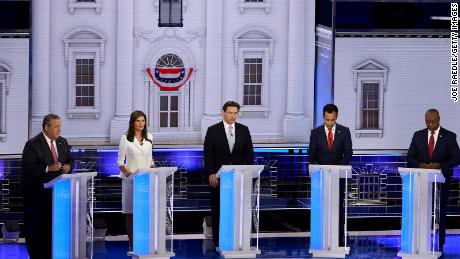 MIAMI, FLORIDA - NOVEMBER 08: Republican presidential candidates (L-R), former New Jersey Gov. Chris Christie, former U.N. Ambassador Nikki Haley, Florida Gov. Ron DeSantis, Vivek Ramaswamy and U.S. Sen. Tim Scott (R-SC) participate in the NBC News Republican Presidential Primary Debate at the Adrienne Arsht Center for the Performing Arts of Miami-Dade County on November 8, 2023 in Miami, Florida. Five presidential hopefuls squared off in the third Republican primary debate as former U.S. President Donald Trump, currently facing indictments in four locations, declined again to participate. (Photo by Joe Raedle/Getty Images)