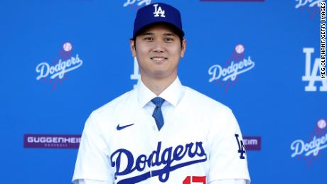 LOS ANGELES, CALIFORNIA - DECEMBER 14: Shohei Ohtani is introduced by the Los Angeles Dodgers at Dodger Stadium on December 14, 2023 in Los Angeles, California. (Photo by Meg Oliphant/Getty Images)