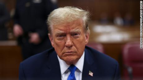 Former President Donald Trump attends his criminal trial as jury selection continues at Manhattan Criminal Court on April 18, 2024 in New York City. 