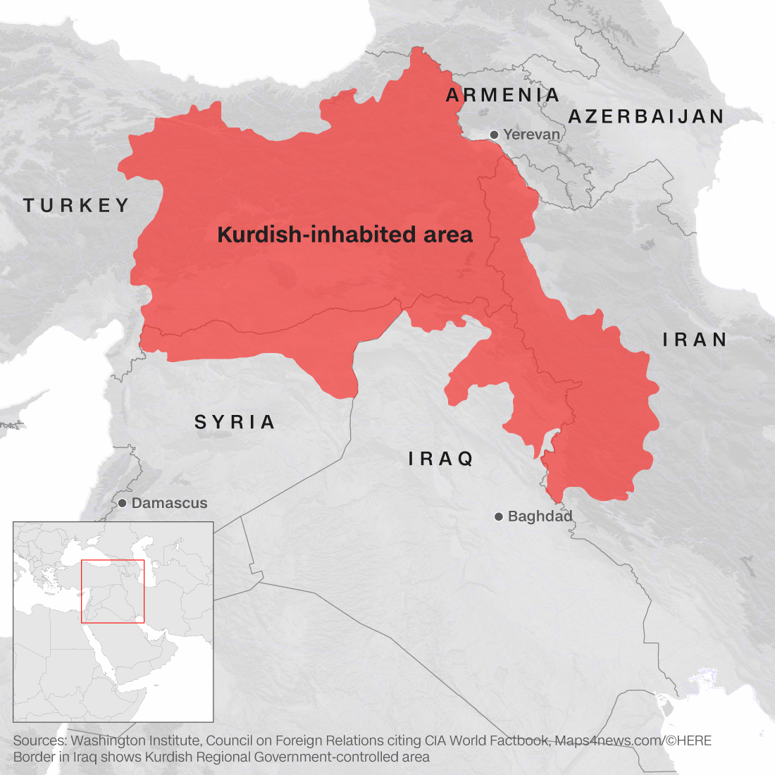 Kurdish-inhabited area political map. Kurdish lands, also