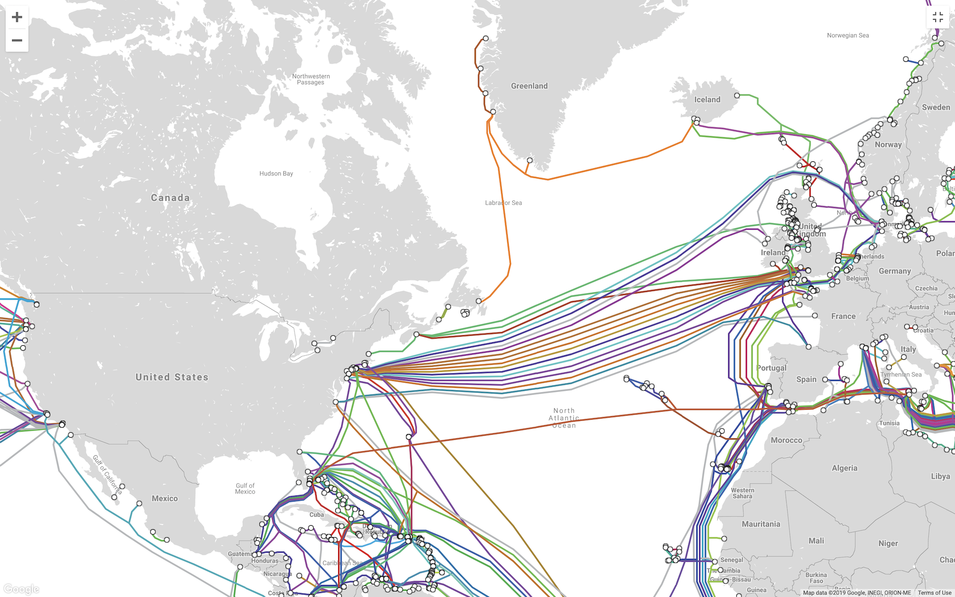 This map from TeleGeography shows undersea data cables which span the Atlantic Ocean. View interactive here.
