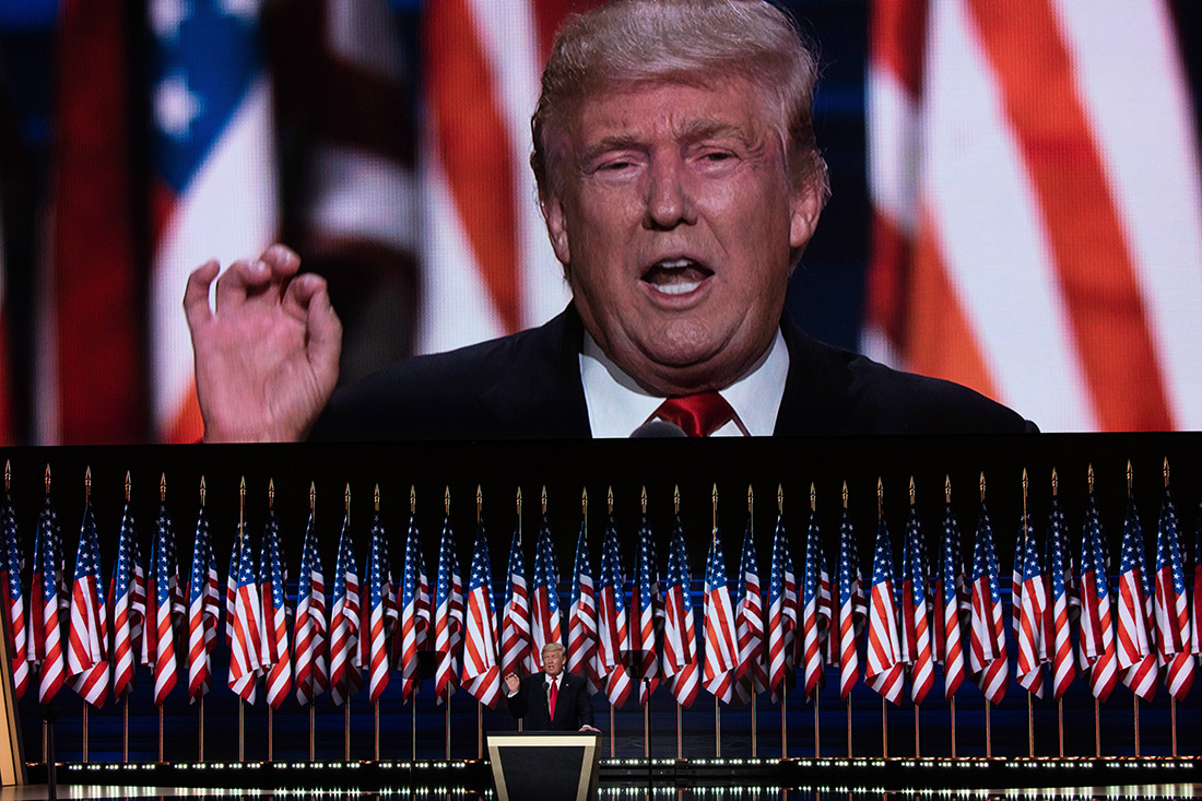 Republican nominee Donald Trump speaks to the crowd in Cleveland.