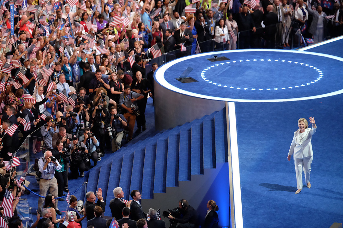 Democratic nominee Hillary Clinton waves to the crowd in Philadelphia.