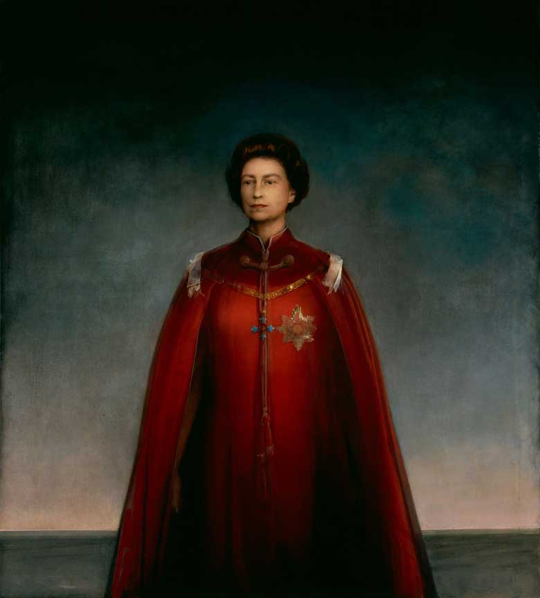 A painting of the Queen alone on an abstract moody background of gradient color. She wears a floor-length, red capelet with an embroidered star of garter on her chest and she’s looking sternly into the distance.