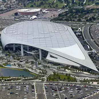 Aerial view of the SoFi Stadium in Los Angeles
