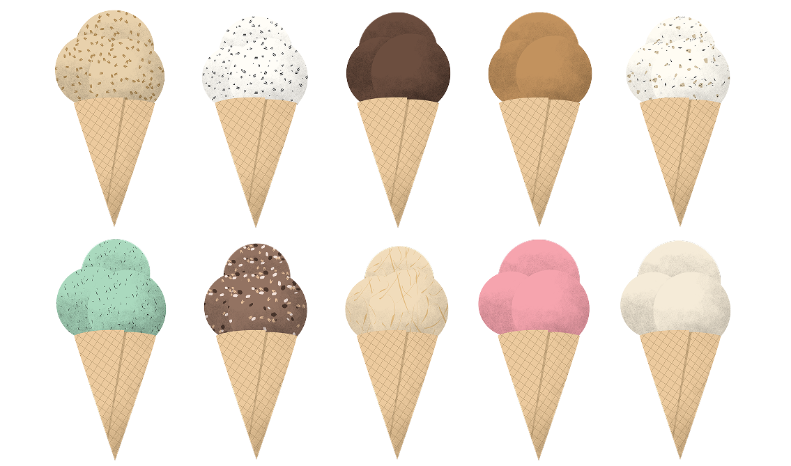 An illustration of 10 ice cream cones of various colors and flavors