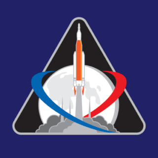 Illustration of the Artemis I emblem of the Moon with a rocket blasting off in front of it and a red and a blue pathway.