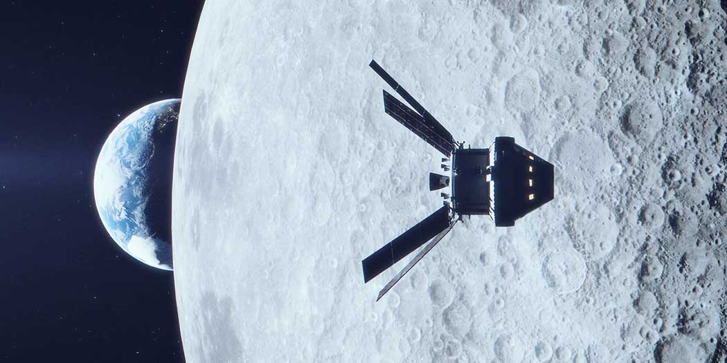 This is a rendering of the Orion spacecraft flying in front of the moon with the Earth in the distance.