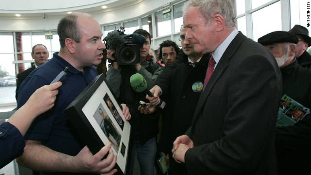 David Kelly confronts Sinn Fein presidential candidate Martin McGuiness demanding he name his father&#39;s killers.