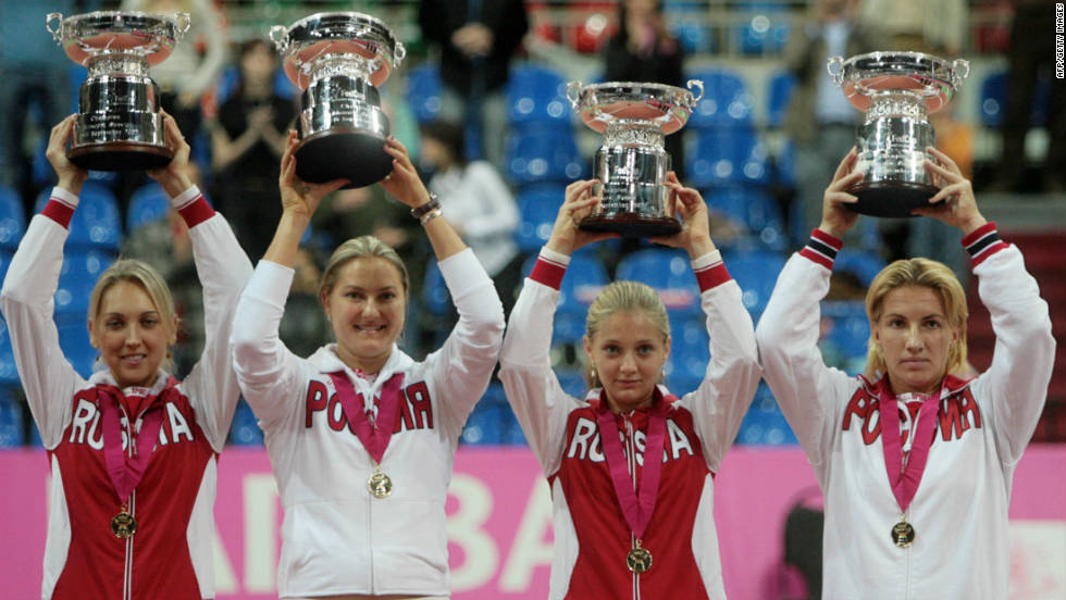 From left: Elena Vesnina, Petrova, Chakvetadze and Kuznetsova helped Russia win the Fed Cup team event for the third time in 2007, beating Italy 4-0 in the final in Moscow. Russia also won the 2008 final, this time without Chakvetadze.  