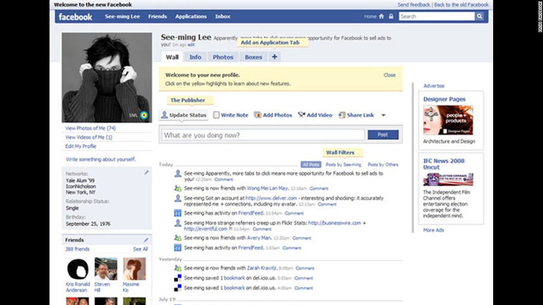 Facebook profile pages were redesigned in 2008 to add five main tabs: Feed, Wall, Info, Photos and Boxes. The new design was, as usual, met with negative comments from users resistant to change. Facebook also debuted its Chat feature that year, allowing real-time instant messaging. 