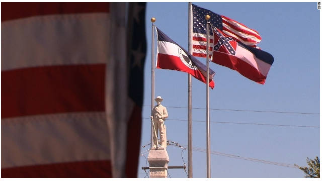 A monument honoring the Civil War confederacy stands in the center of Brandon, Mississippi.