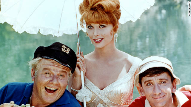 From left to right, Alan Hale Jr. (1921 - 1990) as The Skipper, Tina Louise as Ginger Grant and Bob Denver (1935 - 2005) as Gilligan in the television series &#39;Gilligan&#39;s Island&#39;, circa 1964.