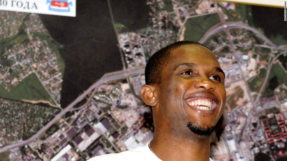 Eto&#39;o speaks to reporters after his August 2011 transfer to Russian club Anzhi Makhachkala.