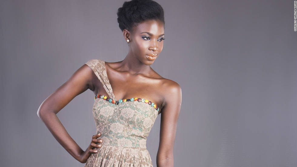 A model poses in a dress from the Christie Brown, the label of Ghanaian designer, Aisha Obuobi.