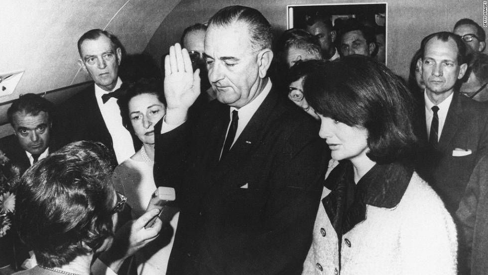 This is likely the most famous photograph ever taken aboard any presidential aircraft. Hours after the attack -- and shortly before SAM 26000 left Dallas -- Vice President Lyndon Johnson was sworn in as president with the first lady at his side. Federal Judge Sarah Hughes administered the oath, the only woman ever to do so.