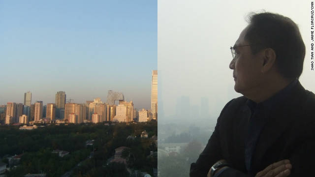 This photo shows two images of the view from CNN&#39;s Beijing Bureau, one from a blue sky day and one from a polluted day.