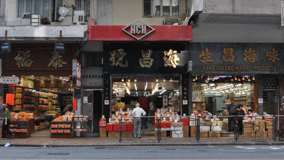 Almost all of the stores on this stretch of Des Voeux Road West in Hong Kong are dedicated to selling dried seafood products like shark fins and sea cucumbers. 
