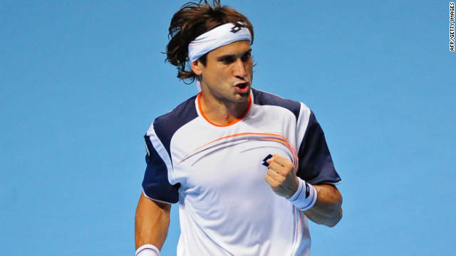 David Ferrer celebrates his stunning stright sets victory over Novak Djokovic in London.
