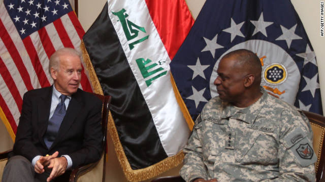 US Vice President Joe Biden (L) meets with General Lloyd Austin, the commander of United States Forces - Iraq (USF-I), and US ambassador in Iraq James Jeffrey (unseen) at the US embassy upon the former&#39;s arrival at Baghdad on a surprise visit on November 29, 2011, during which he is due to meet top Iraqi officials, as American troops depart Iraq ahead of a year-end deadline. AFP PHOTO/AHMAD AL-RUBAYE (Photo credit should read AHMAD AL-RUBAYE/AFP/Getty Images) 