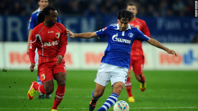Veteran Spanish forward Raul Gonzalez (right) scored the third goal as Schalke moved up to fourth in the Bundesliga.