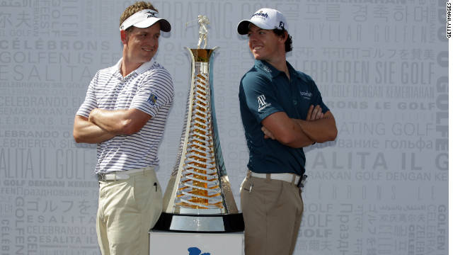 Luke Donald (left) and Rory McIlroy are all smiles ahead of this week&#39;s Dubai World Championship.