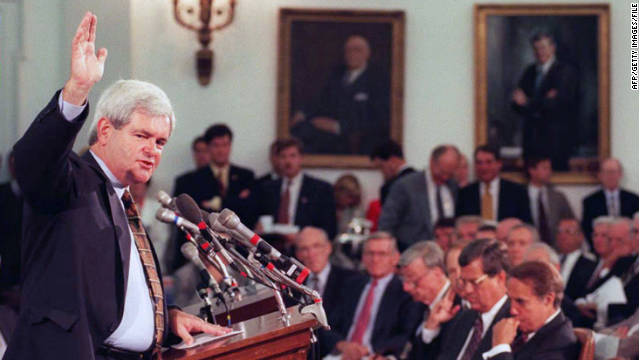 Then-House Speaker Newt Gingrich, R-Ga., speaks to GOP members of Congress at the Capitol in 1995.