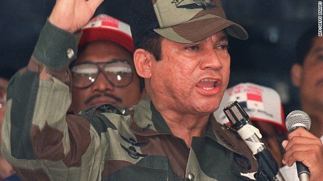 Former Panamanian dictator Manuel Noriega speaks during a military ceremony on May 20, 1988. 