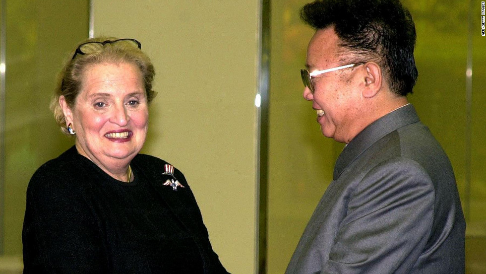 US Secretary of State Madeleine Albright (L) shakes hands with North Korean leader Kim Jong Il before a dinner in Pyongyang on 24 October 2000.