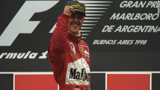 Michael Schumacher celebrates after winning the last Argentine Grand Prix to be raced, in April 1998.