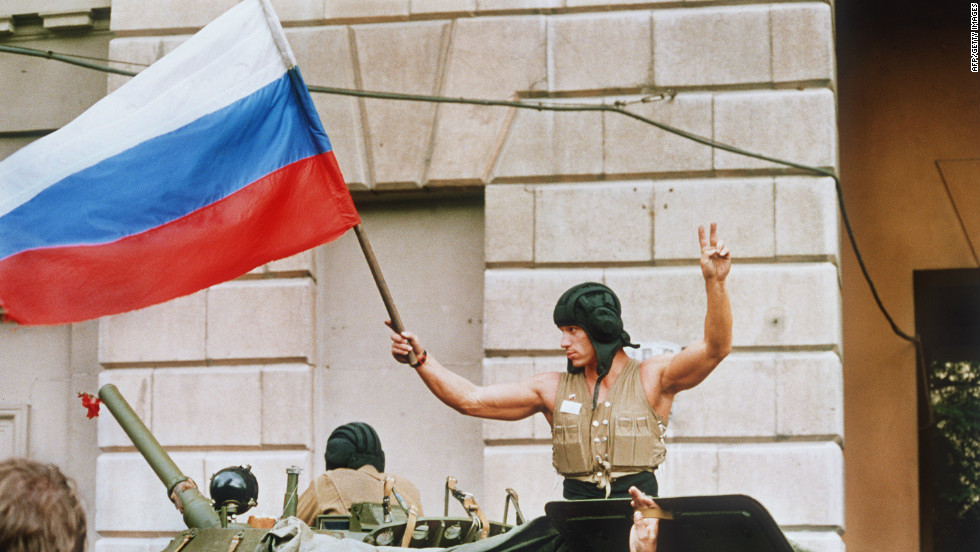 August 1991: The coup collapses under public pressure and army insurrection. The Russian flag is flown over the Kremlin and Gorbachev quits his Communist Party role. 