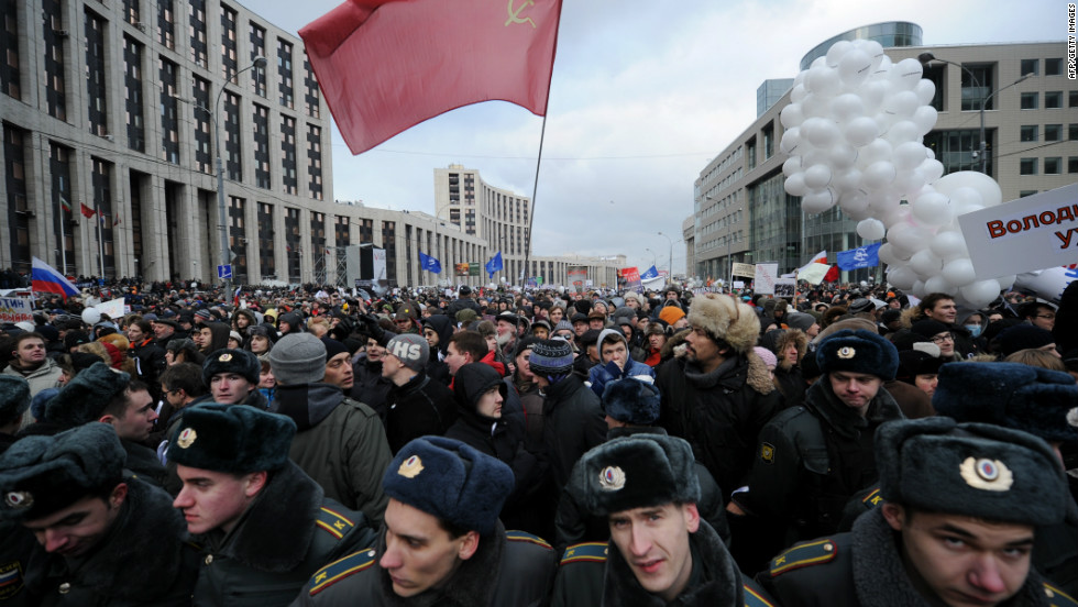 Russian police academy cadets manage the crowd at Saturday&#39;s Moscow protest.