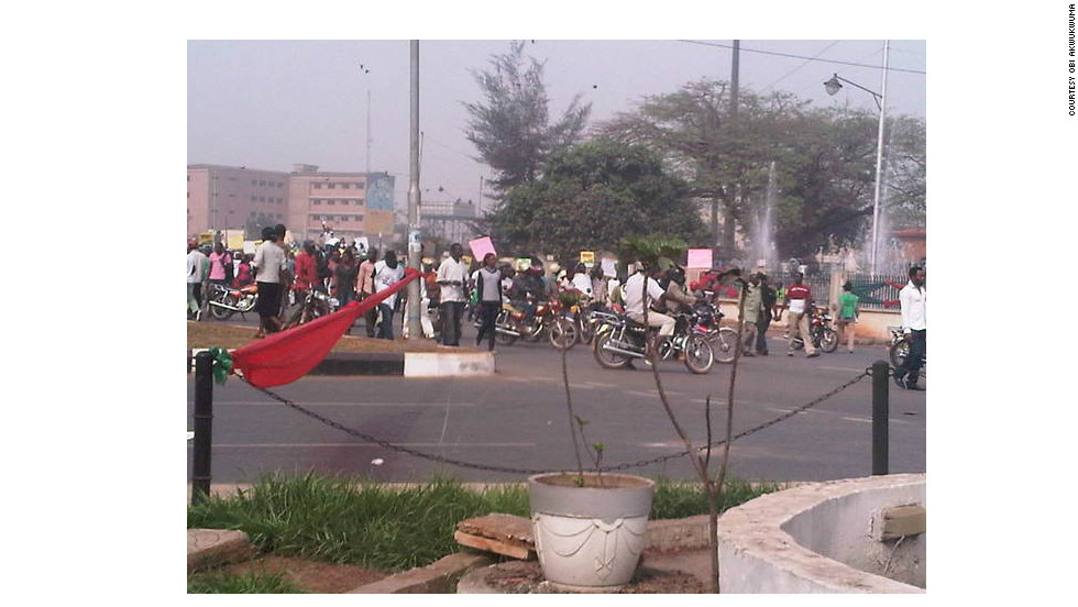 Obi Akwukwuma, 47, observed the demonstrations at King&#39;s Square in Benin City on Thursday, January 5. Akwukwuma, who works on an engineering project nearby, took this photo with his BlackBerry as demonstrators protested the removal of fuel subsidy.