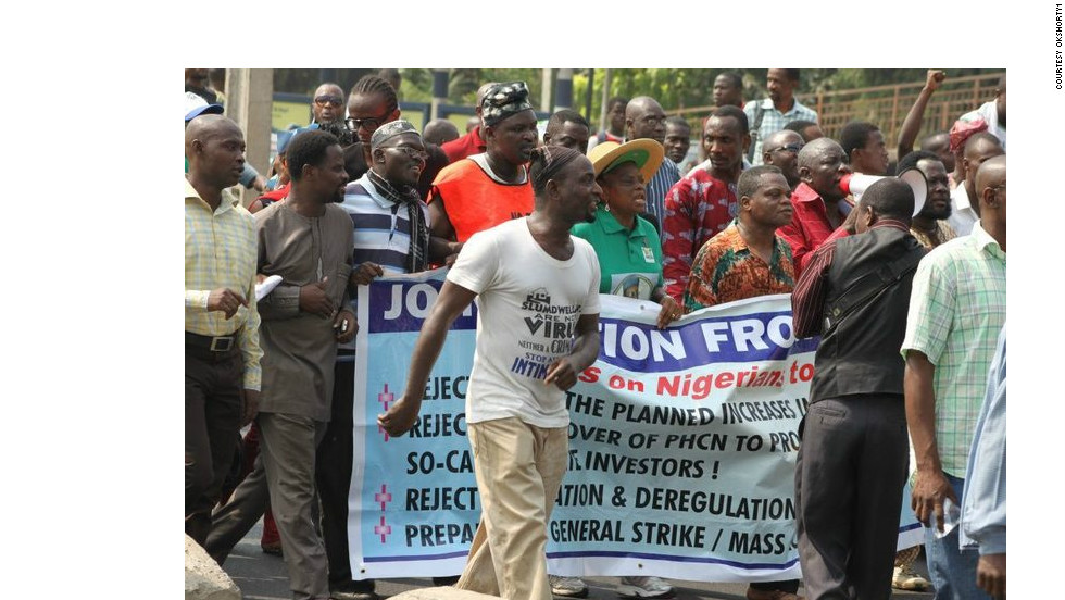 After learning about the fuel subsidy protests from Twitter on Tuesday, iReporter Kfire decided to join the crowds in Lagos. &quot;The aim of the protest was to disrupt vehicular movement, shut down gas stations and ask people to go back home,&quot; he said.