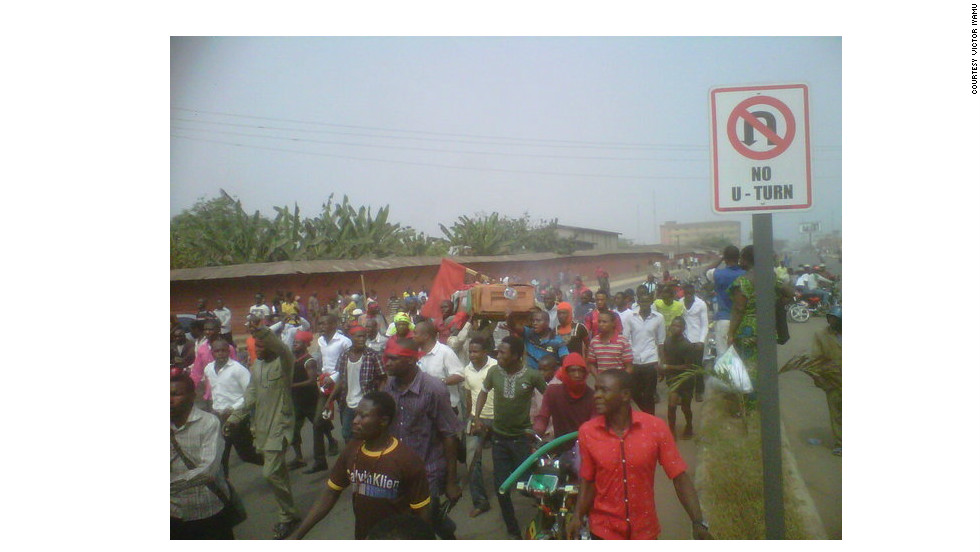 iReporter Victor Iyamu took this photo at the protest in Benin City, the capital of Edo State, on Thursday, January 5. Iyamu says he is not participating in the protest but that he does support the protesters and their cause. 