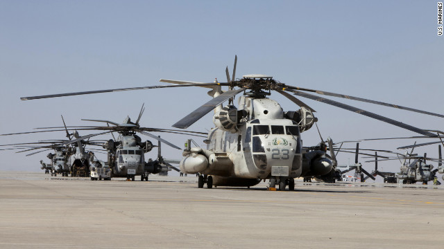 U.S. Marine CH-53D Sea Stallion helicopter, Marine Heavy Helicopter Squadron 463, remain docked along the flight line of HMH-463 for maintenance checks and repairs, Camp Bastion, Afghanistan, May 6, 2011.