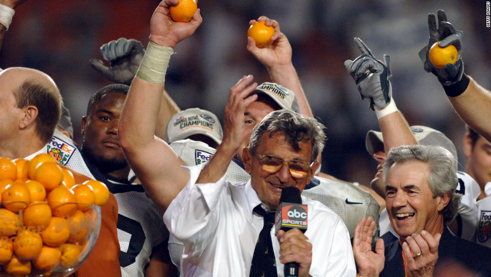 Paterno celebrates a triple-overtime Orange Bowl win over Florida State in Miami on January 3, 2006. Paterno has guided his teams to more bowl victories than any other college coach.