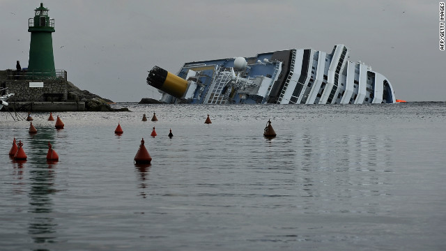 The cruise ship Costa Concordia lies stricken off Giglio on January 22.