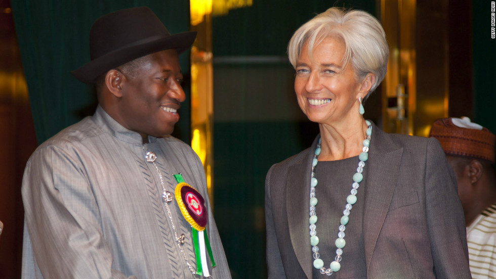 International Monetary Fund&#39;s Managing Director Christine Lagarde is greeted by President Jonathan on December 19, 2011. There is speculation her visit prompted the removal of fuel subsidy on New Year&#39;s day., which led to nationwide strikes and protests.