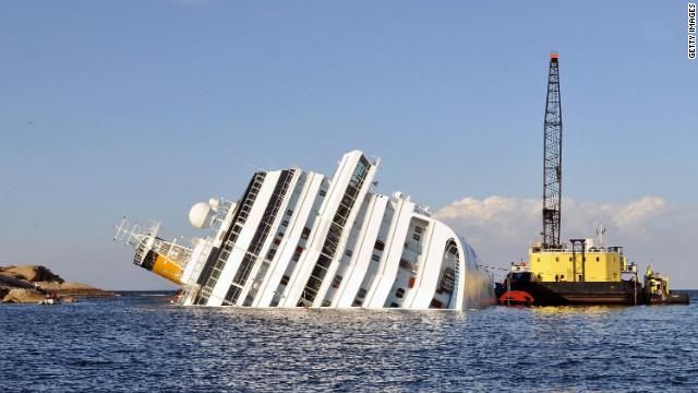 Salvage work begins on the stricken cruise ship Costa Concordia.