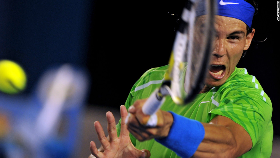 Rafael Nadal powers a forehand during his Australian Open final against Novak Djokovic.