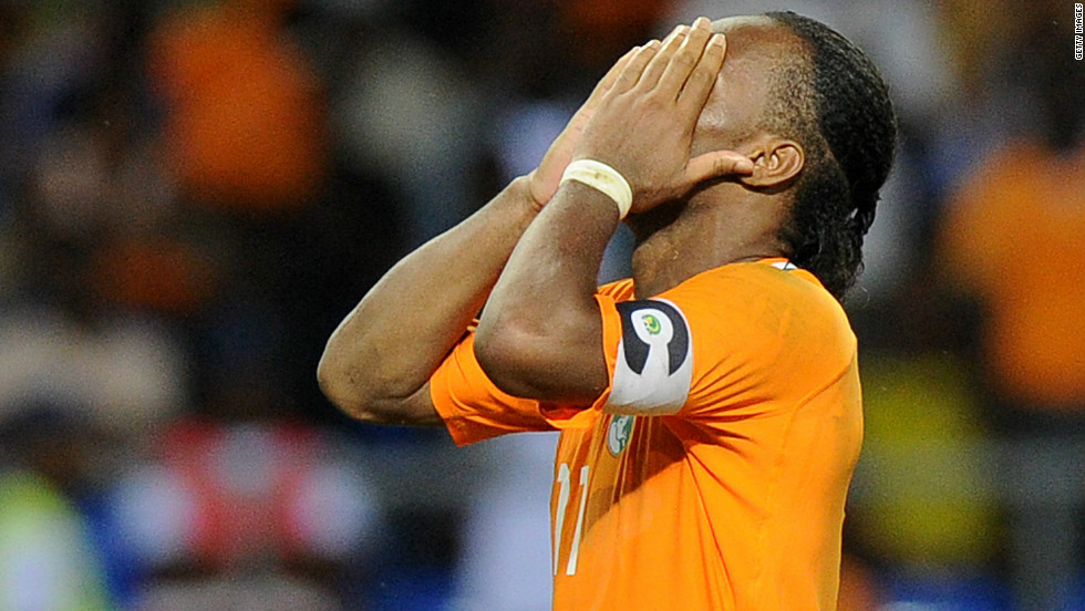 Drogba could have put the Ivory Coast ahead midway through the second half, but fired his penalty high over the crossbar. The Chelsea striker also missed a spot-kick in the Elephants&#39; 2006 shootout defeat to Egypt.