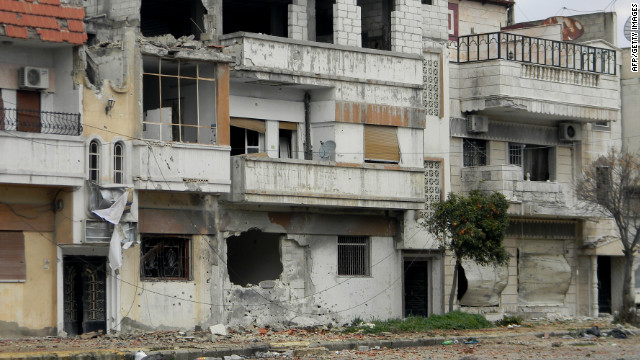 Houses reportedly damaged by shelling from government forces in the Baba Amr neighborhood of Homs, photographed on February 11,.