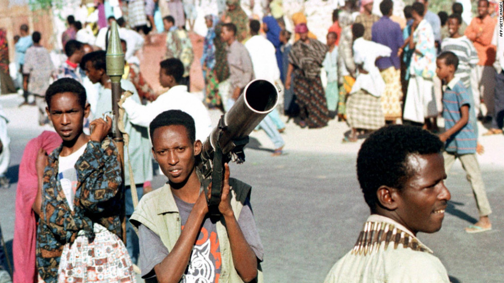 The one thing more persistent than famine, however, has been the ever-present conflict between warlords and sectarian militia groups. In this photo from 1997, Somali gunmen hold rocket launchers on the streets of Mogadishu after local warload Ali Mahdi Mohamed accused his rival Hussein Aidid of setting up roadblocks in the streets of the capital. 