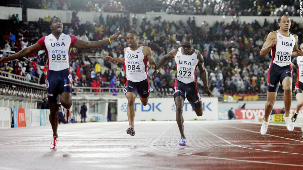 Gay&#39;s first outing at the World Championships at Helsinki&#39;s Olympic Stadium in 2005 ended without a medal. Here he can be seen (second from left) finishing fourth in the 200m final.