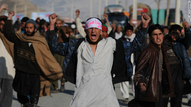 Afghan demonstrators shout anti-US slogans during a protest against the burning of Qurans on February 24, 2012. 